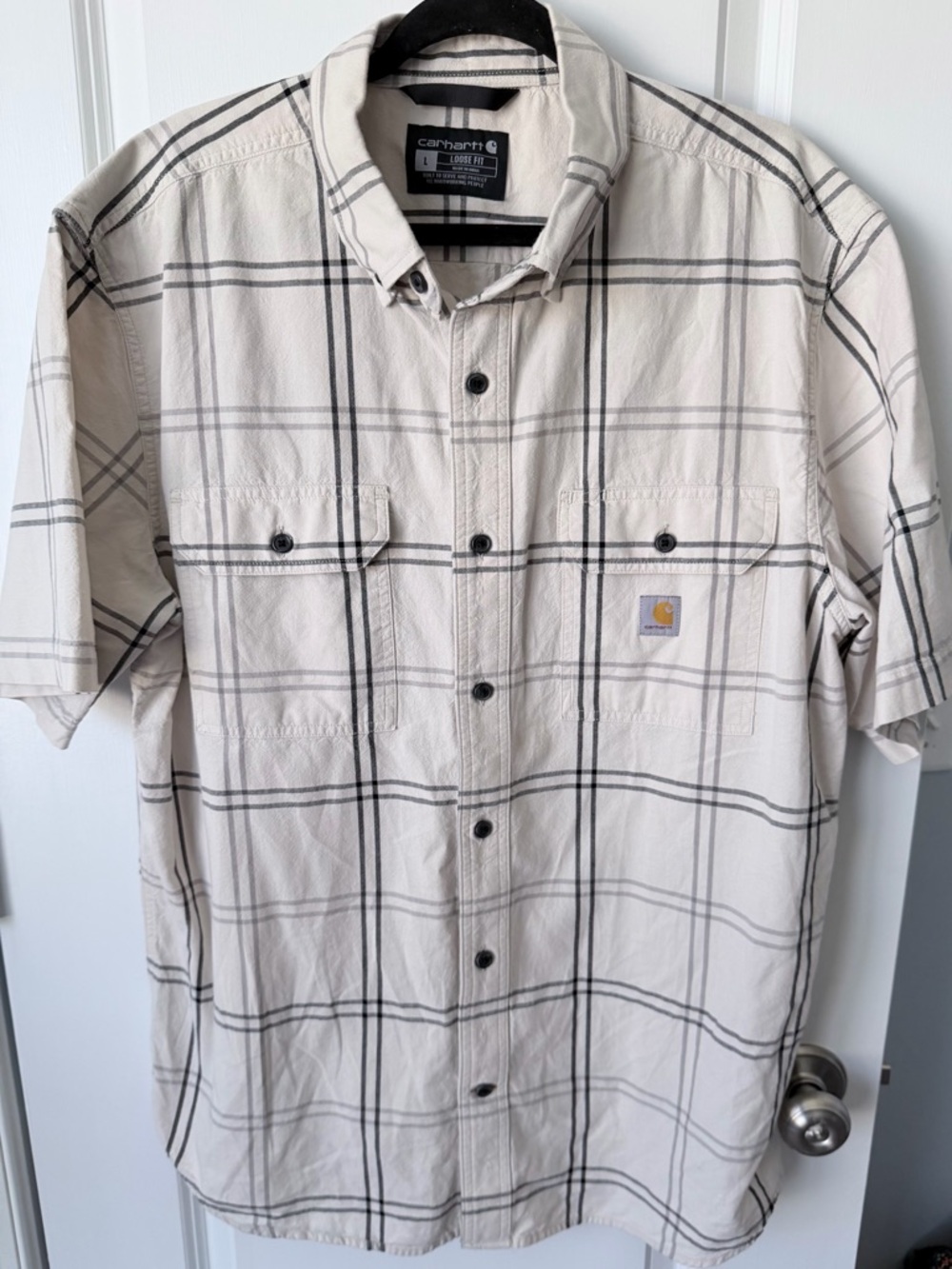 Carhartt Loose Fit Men's Cream Plaid Short-Sleeve Button-Down Shirt